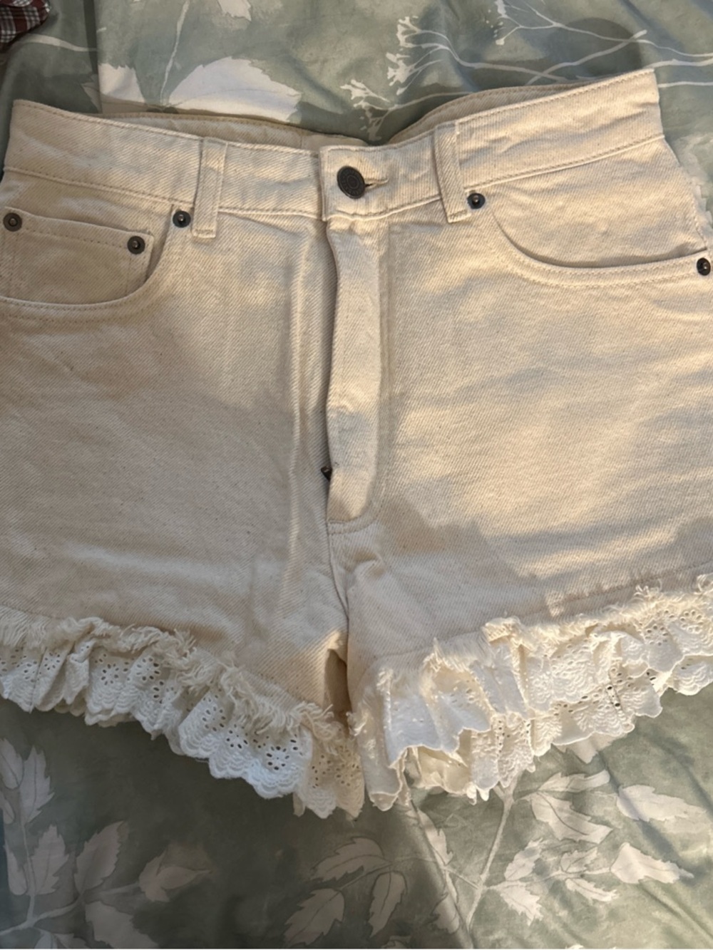 Loeffler Randall Cream Lace-Trim Jean Shorts